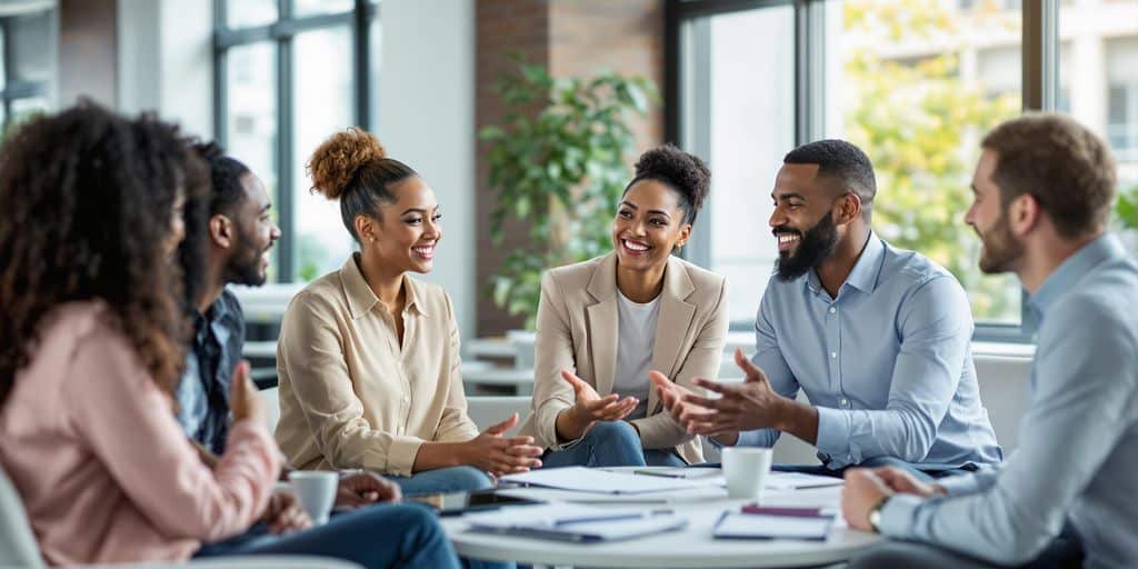 Diverse financial associates in discussion in a modern office.