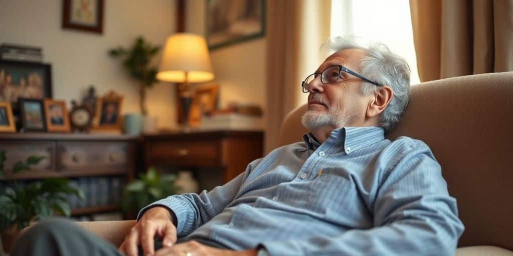 Retired federal employee relaxing at home with mementos.