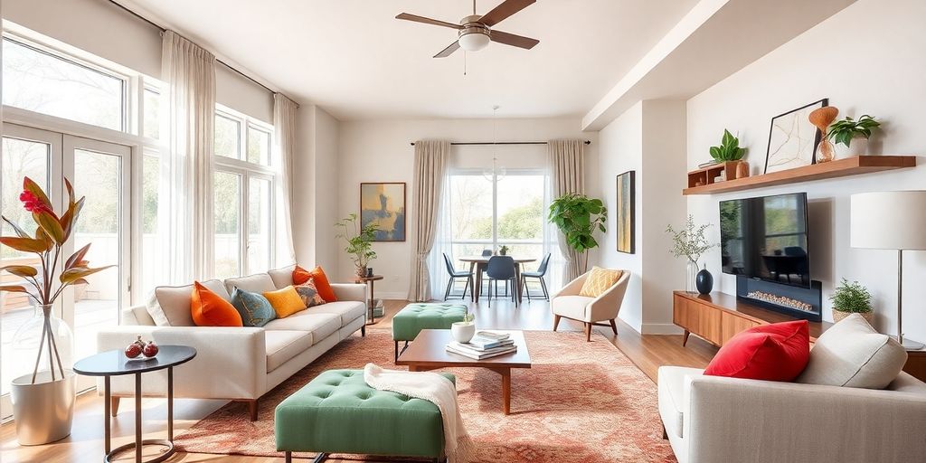 Modern remodeled living room with stylish furniture and decor.