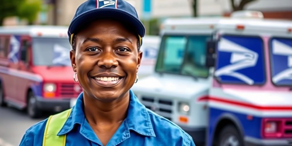 Postal worker with delivery vehicles in background.