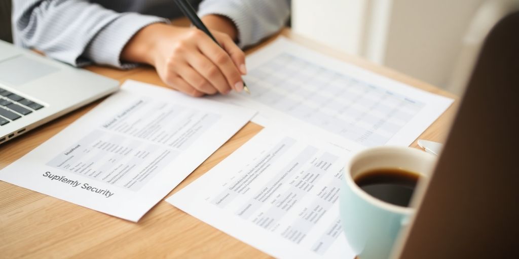 Person reviewing financial documents and laptop at table.