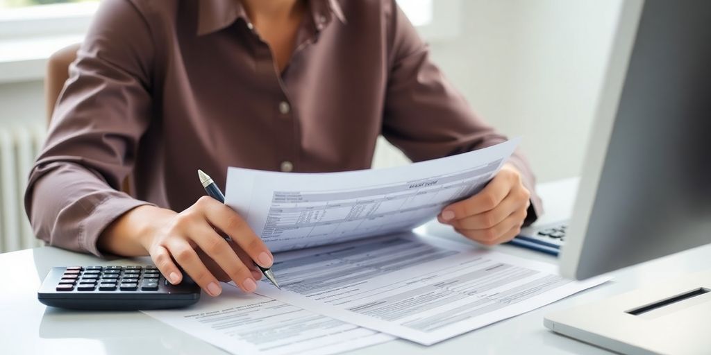 A person reviewing financial documents at a desk.