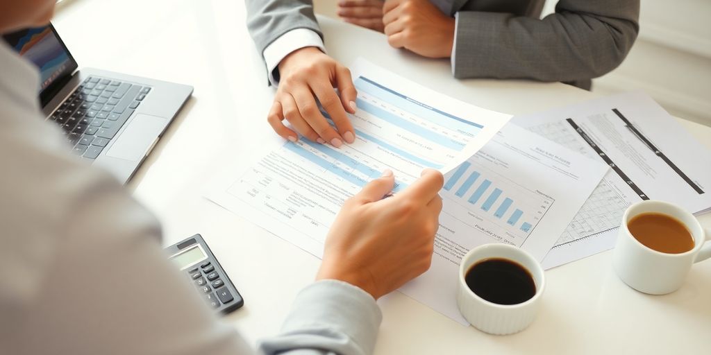 Person reviewing financial documents at a desk with coffee.