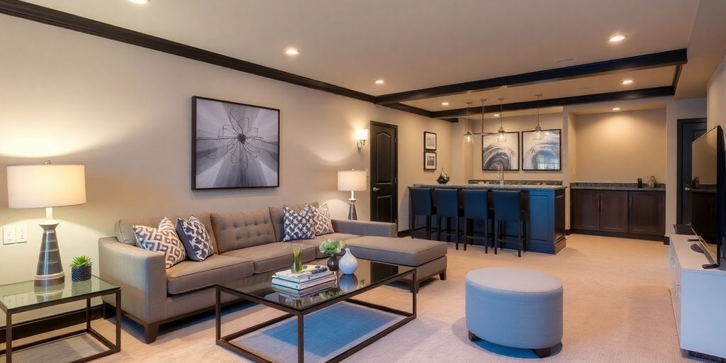Modern basement remodel with cozy lounge and stylish decor.
