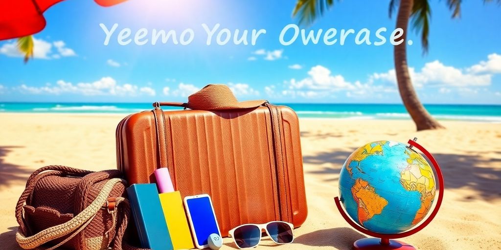 Colorful beach scene with suitcase and travel essentials.