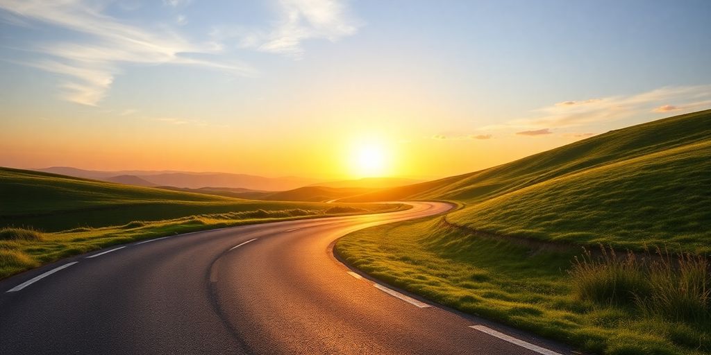 Winding road leading to a bright horizon at sunrise.