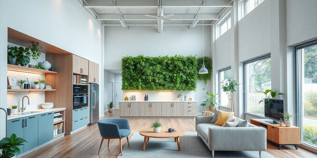 Modern home interior with sustainable materials and smart technology.