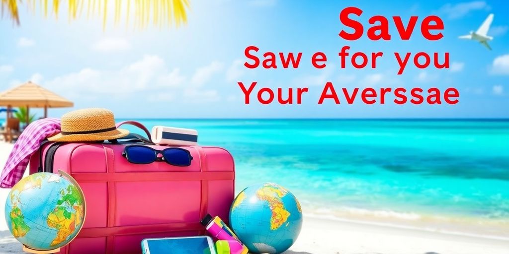 Beach scene with suitcase and globe for travel savings.