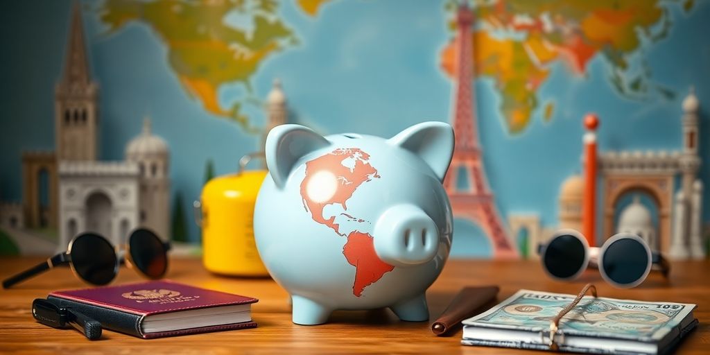 Travel essentials and piggy bank for saving money.