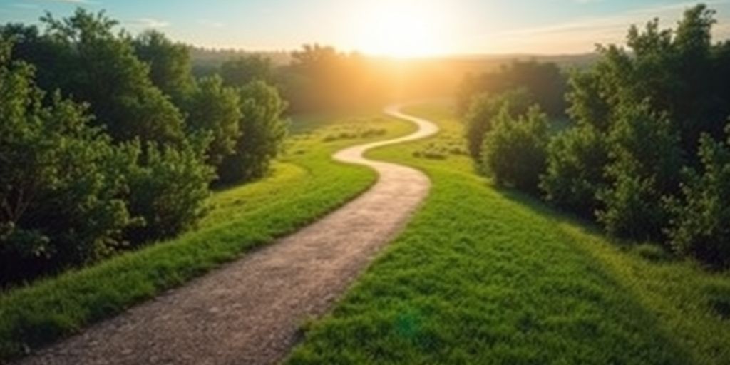 A winding path through a lush landscape towards the horizon.