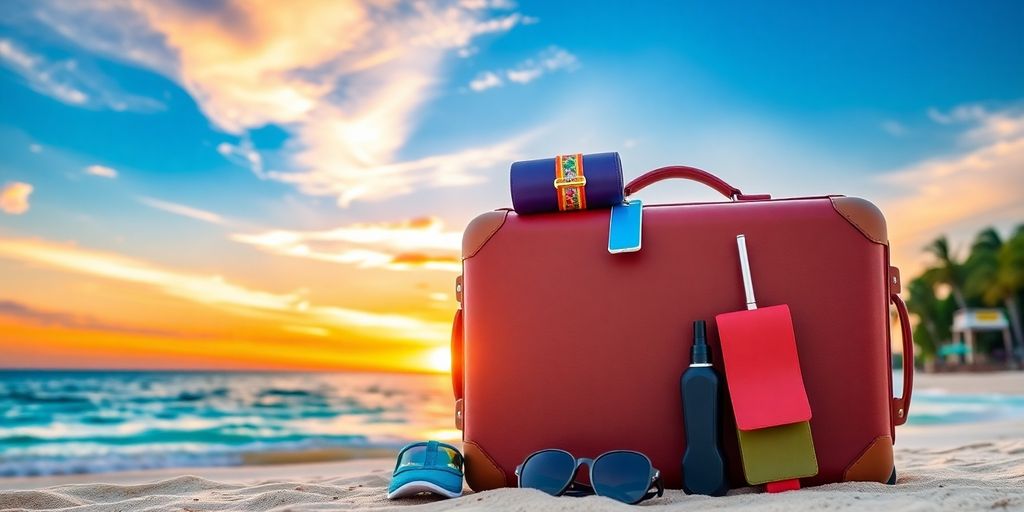 Beach scene with suitcase and travel essentials for vacation.