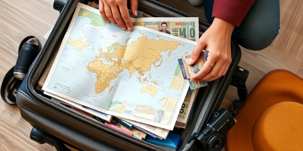 Traveler packing for an overseas trip with essentials.