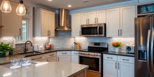 Modern remodeled kitchen with stylish features and appliances.