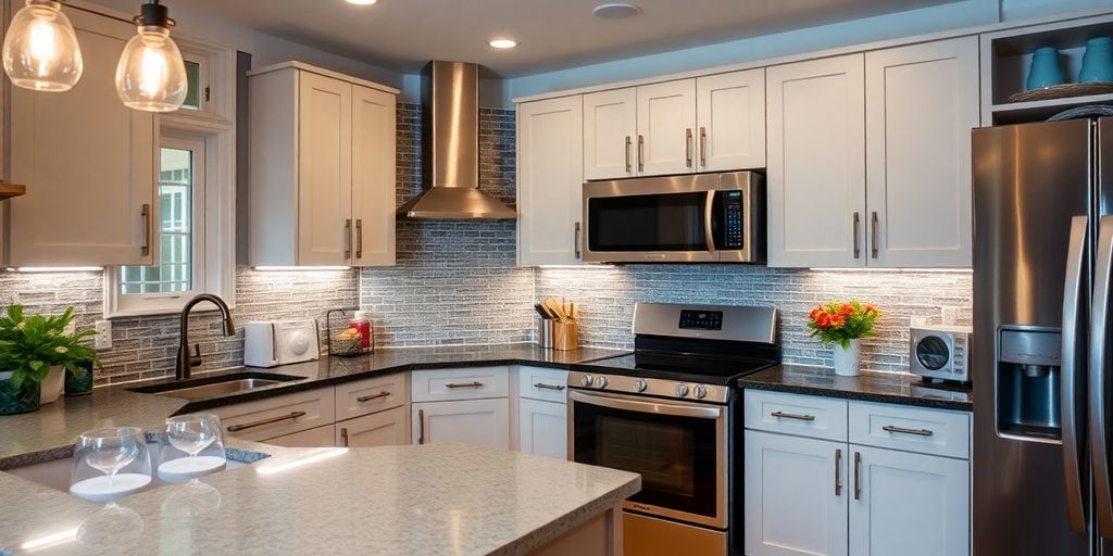 Modern remodeled kitchen with stylish features and appliances.