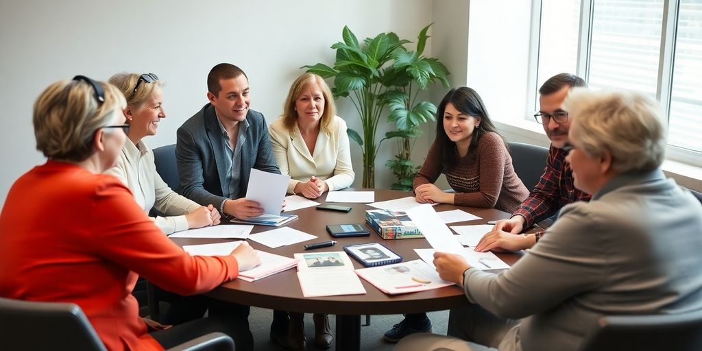 Diverse employees discussing retirement planning around a table.