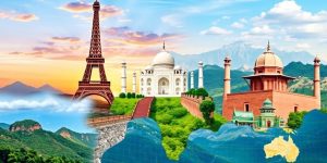 Collage of famous world landmarks and landscapes.