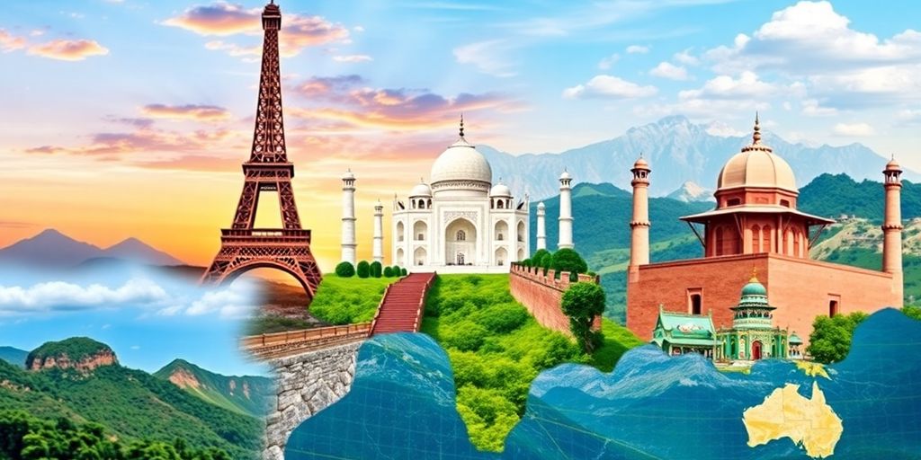 Collage of famous world landmarks and landscapes.