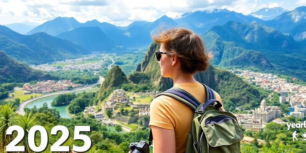 Traveler amidst diverse landscapes and iconic landmarks.