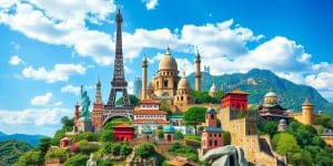Collage of famous global landmarks and landscapes.