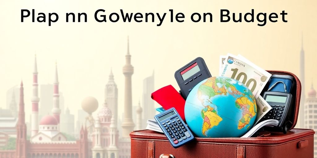 Colorful suitcase with travel items and globe.