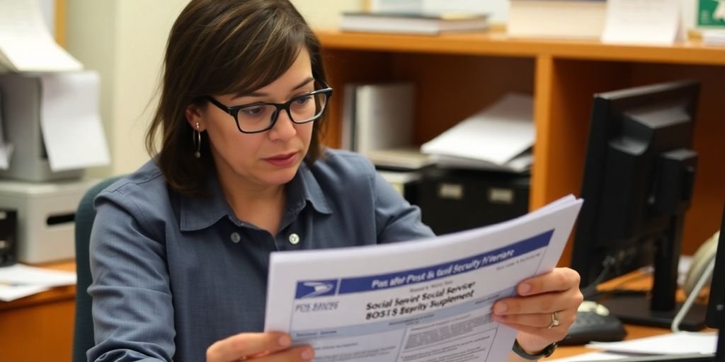 Federal employee analyzing Postal Service benefits in office setting.