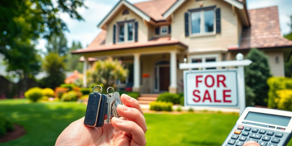 Person holding keys in front of a house for sale.