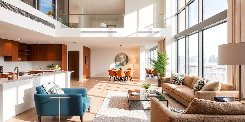 Stylish renovated condo interior with modern decor and lighting.