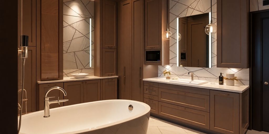 Elegant bathroom and kitchen with modern fixtures and stylish decor.