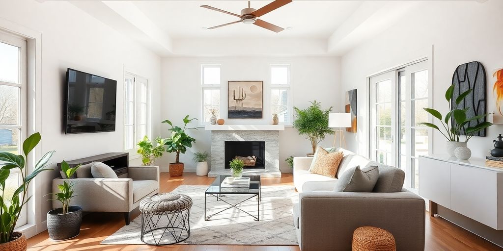 Stylish renovated living room with modern decor and lighting.