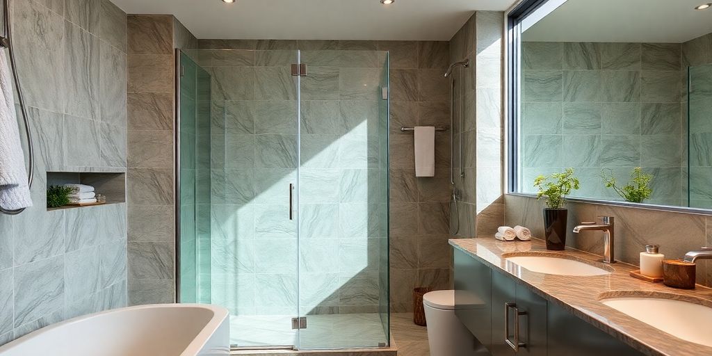 Modern bathroom with a stylish glass shower enclosure and tiles.