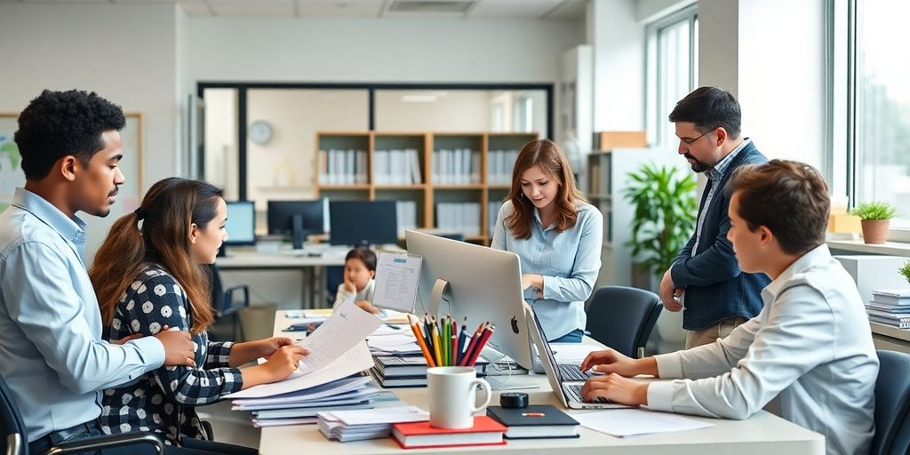 Collaborative school office with staff managing payroll effectively.