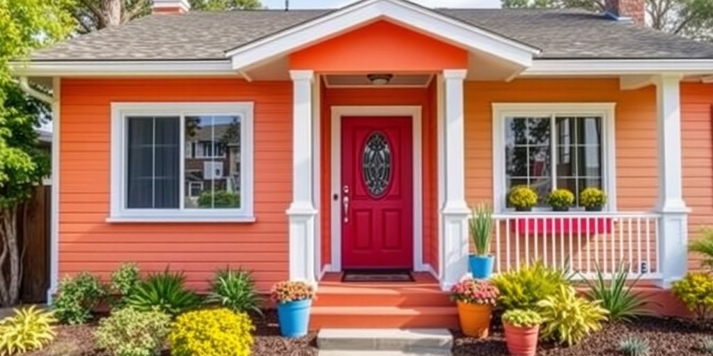 Modernized 1960s house exterior with colorful updates and landscaping.