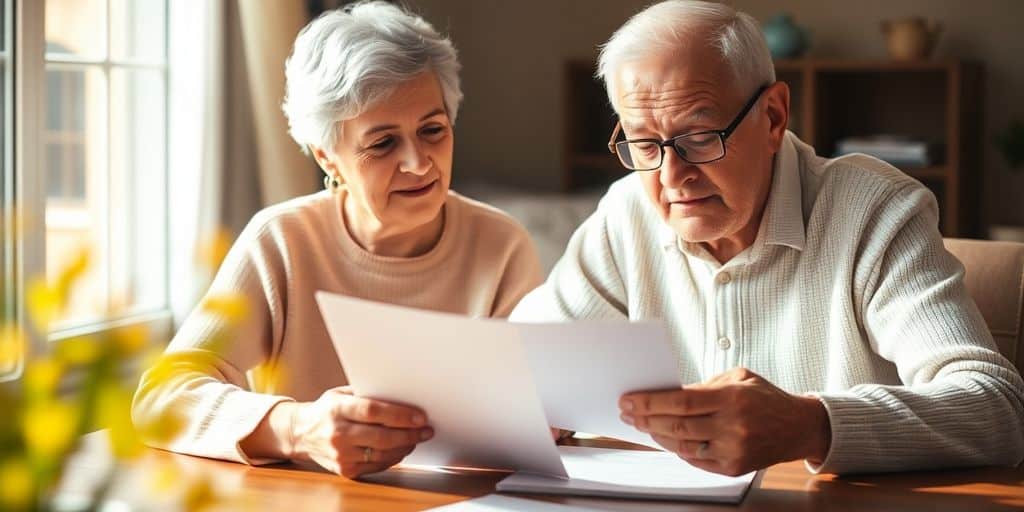 Elderly couple reviewing documents for Social Security Income.