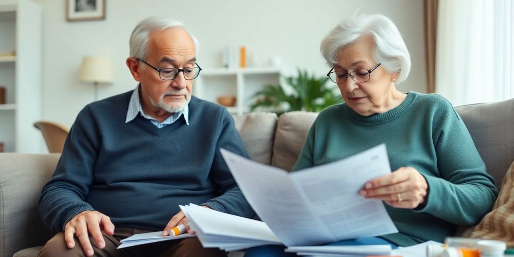 Elderly couple discussing medical costs at home.
