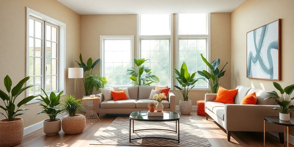 Brightly renovated living room with modern decor and plants.
