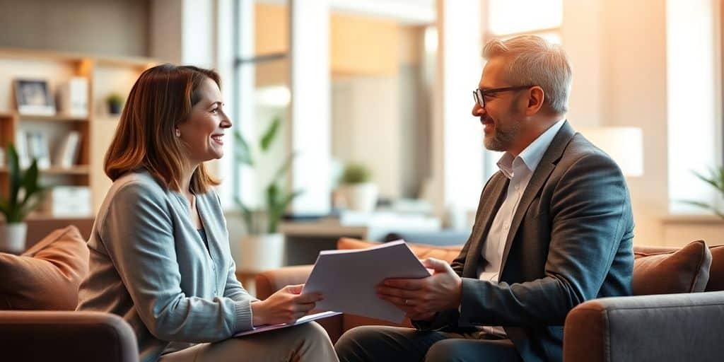 Financial advisor consulting clients in a modern office setting.
