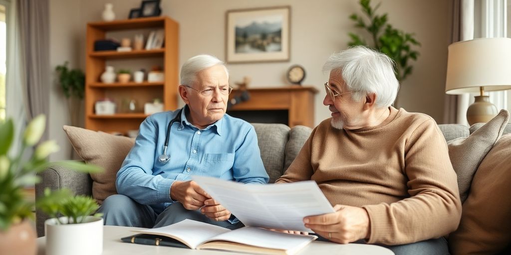 Retired couple discussing health insurance in a cozy setting.