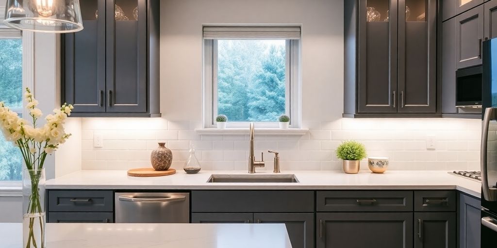 Modern kitchen sink with elegant cabinetry and stylish decor.