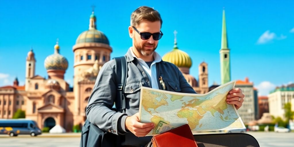 Traveler planning budget with suitcase and map outdoors.