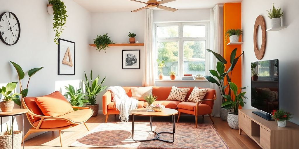 Modern small living room with bright decor and plants.