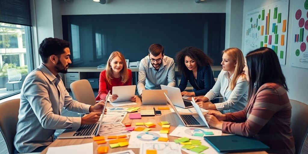 Diverse professionals brainstorming in a dynamic business meeting.