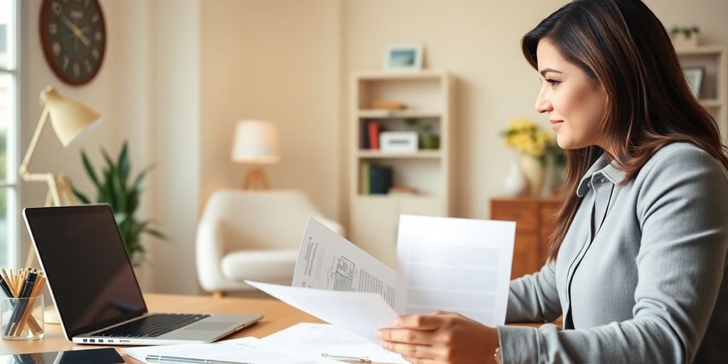 Person reviewing mortgage documents in a home office setting.