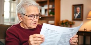 Elderly person reviewing documents in a cozy home setting.