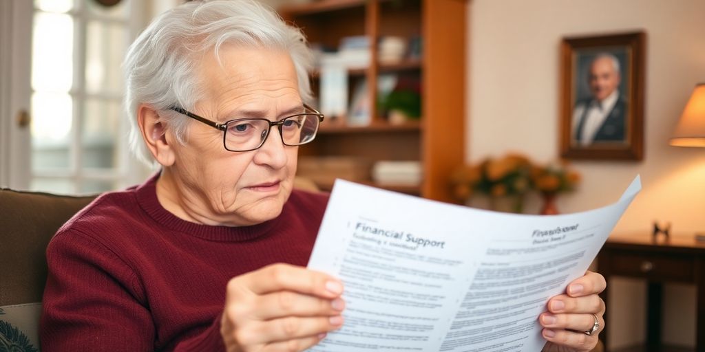 Elderly person reviewing documents in a cozy home setting.