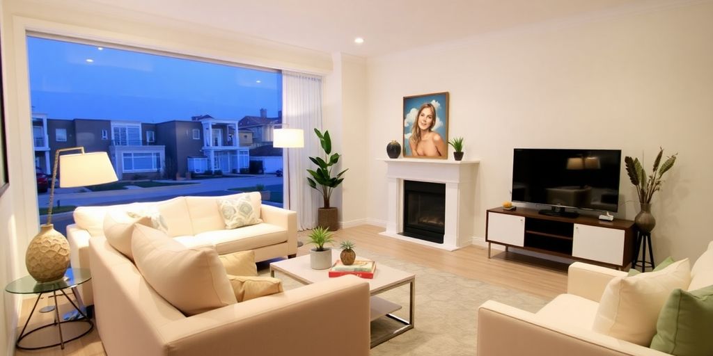 Renovated living room with modern decor and bright ambiance.