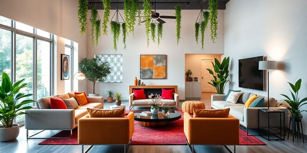 Modern living space with stylish furniture and vibrant decor.