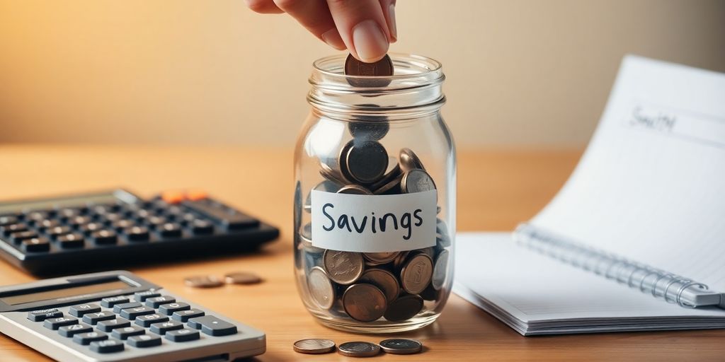 Hand placing coins in a savings jar with calculator.