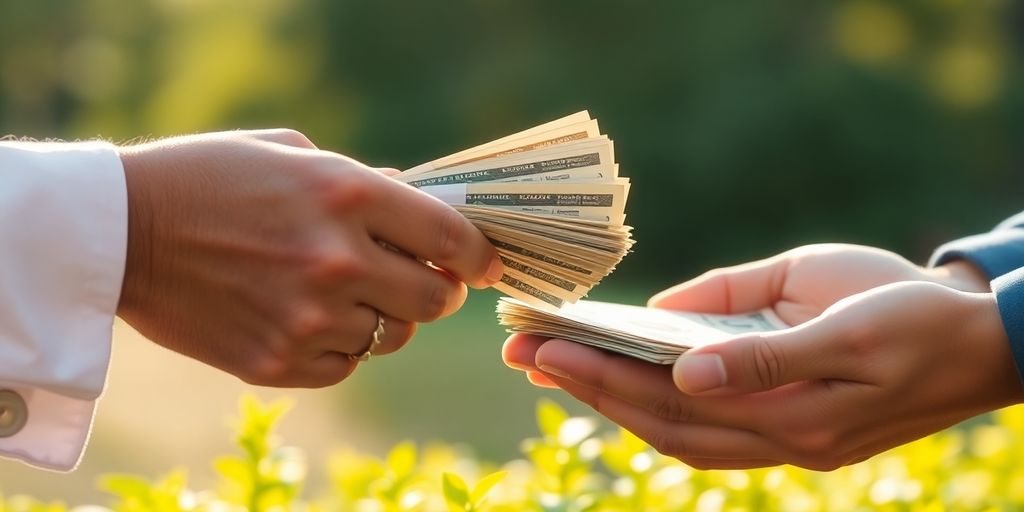 Hands exchanging money, small plants, sunlight