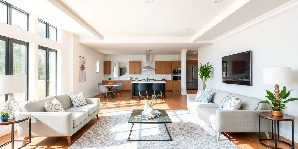 Modern living room with stylish furniture and bright decor.