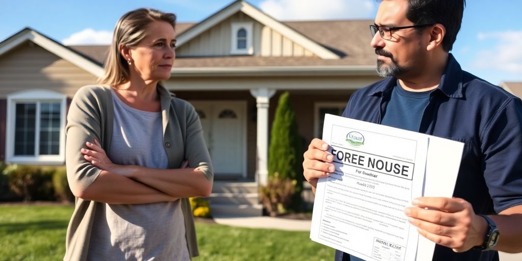 Homeowner facing foreclosure with a supportive friend nearby.